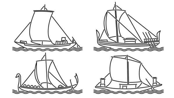 アートラインスタイルで描かれたアンティーク船のセーリングのシンプルなベクトル画像のセット — ストックベクタ