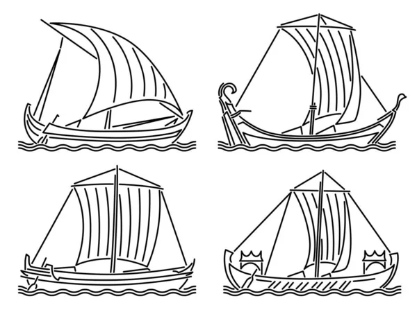 Set Simple Vector Images Single Masted Ships Early Middle Ages — Stock Vector