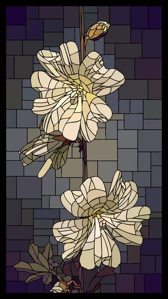 垂直彩色玻璃窗中的矢形垂直角花序 开花结果的白色软糖花 — 图库矢量图片