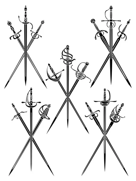 Set Simple Monochrome Vector Images Three Crossed Rapiers Epees — Stockový vektor