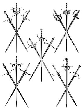 Üç çapraz çember ve rapier basit monokrom vektör resimleri kümesi.