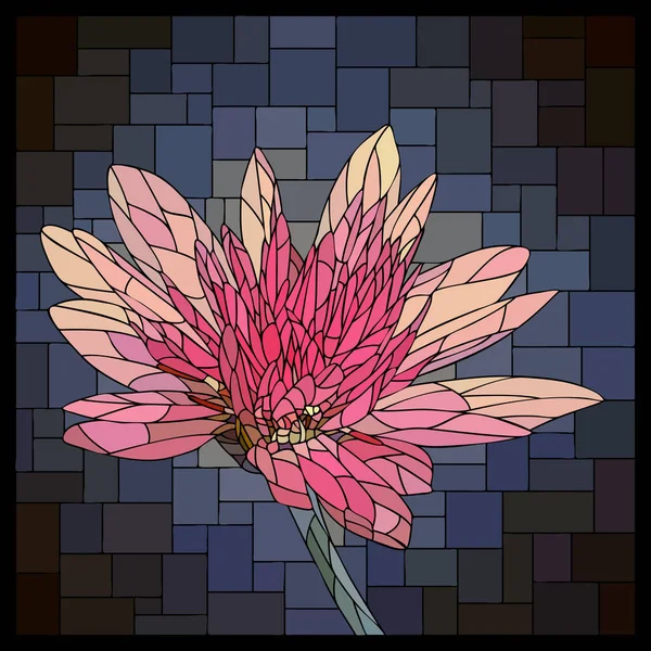 彩色玻璃窗中的矢形正方形花叶花序 开着一朵粉红色的小菊花 — 图库矢量图片