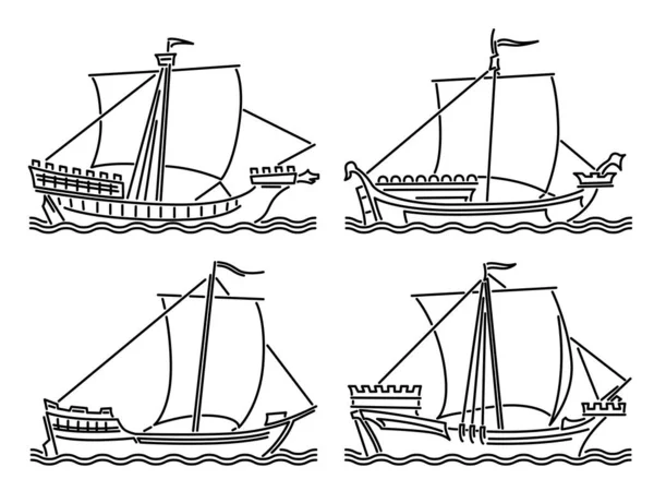 線画で描かれた中世前期の単船の単純なベクトル画像のセット — ストックベクタ