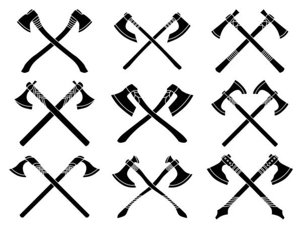 Set Simple Monochrome Vector Images Crossed Medieval Axes Hatchets — Stock Vector