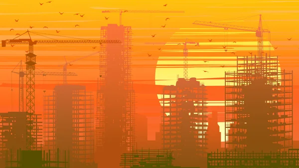 Ilustração do canteiro de obras com guindaste e construção ao sol — Vetor de Stock