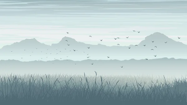 Ilustración horizontal de paisaje brumoso con pájaros en el cielo . — Vector de stock