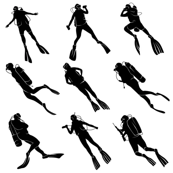 Set silhouettes de plongeurs . — Image vectorielle