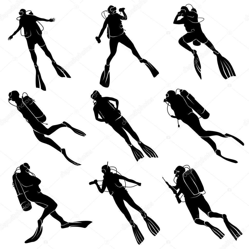 Set silhouettes of divers.