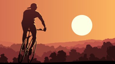 Bisikletçi rides batımında yatay illüstrasyon.