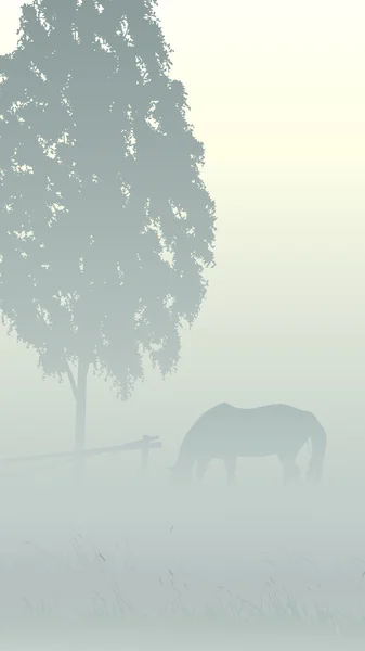 ツリーと霧の中で馬の縦の図. — ストックベクタ
