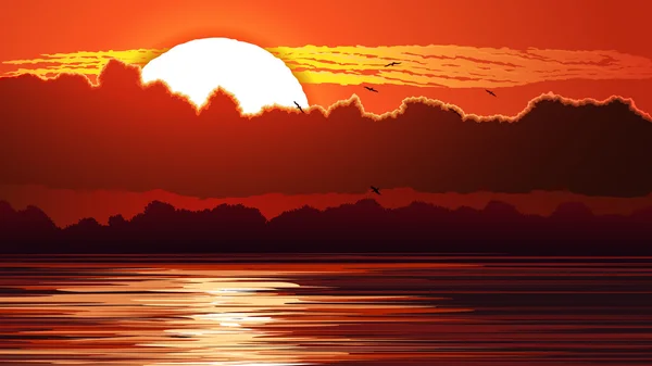 Ilustrasi matahari terbenam merah dan silau di atas air . - Stok Vektor
