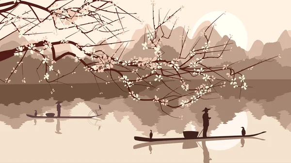 Ilustración vectorial de rama de árbol en flor con bo de pesca — Vector de stock