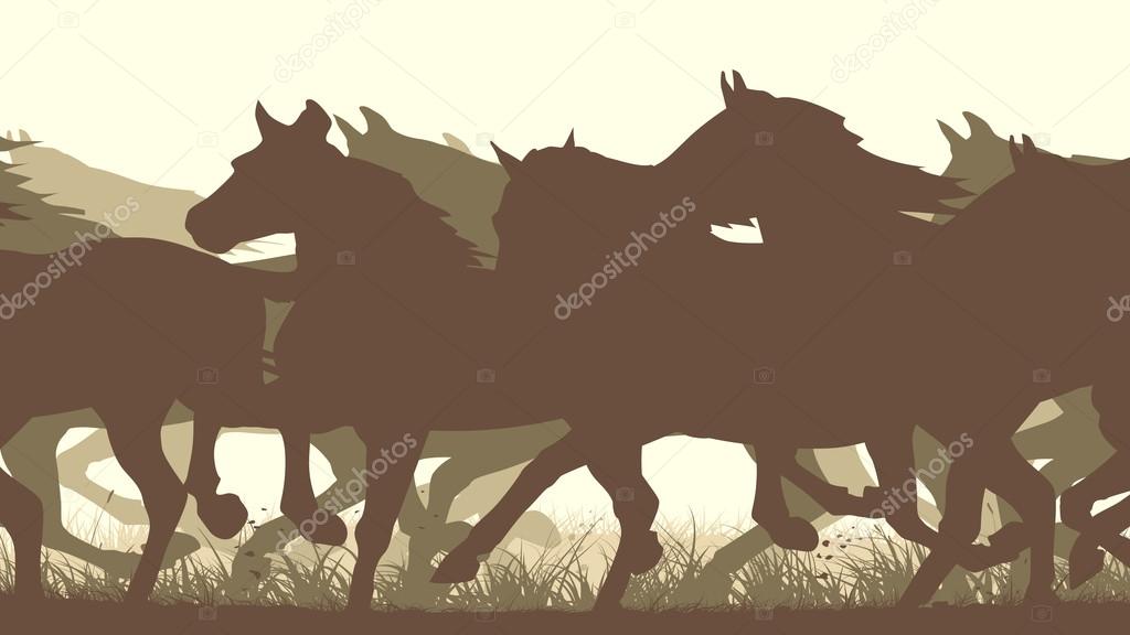 Horizontal vector illustration silhouette herd of horses.