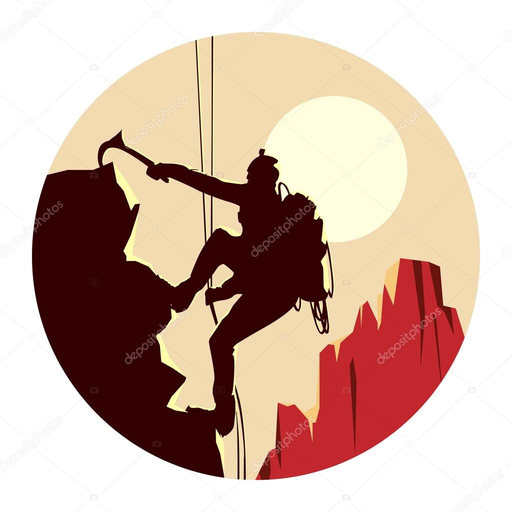 Abstract round logo of alpinists (climbers) with ice ax.