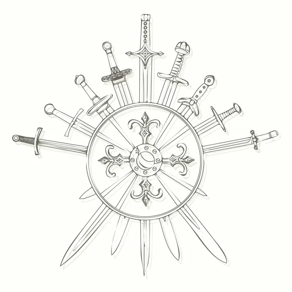 Swords cross crosswise and shields (drawn in ink). — Stock Vector
