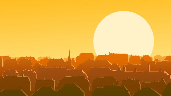 Horizontal illustration of downtown European city at sunset. — Stock Vector