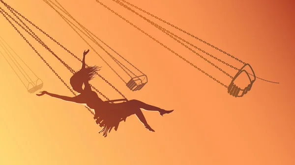 Horizontal illustration silhouette girl on swing at sunset. — Stock Vector