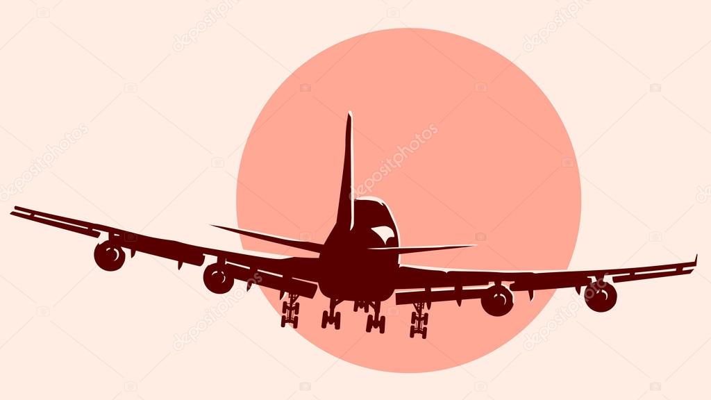 Abstract round logo of passenger airliner at sunset with glare.