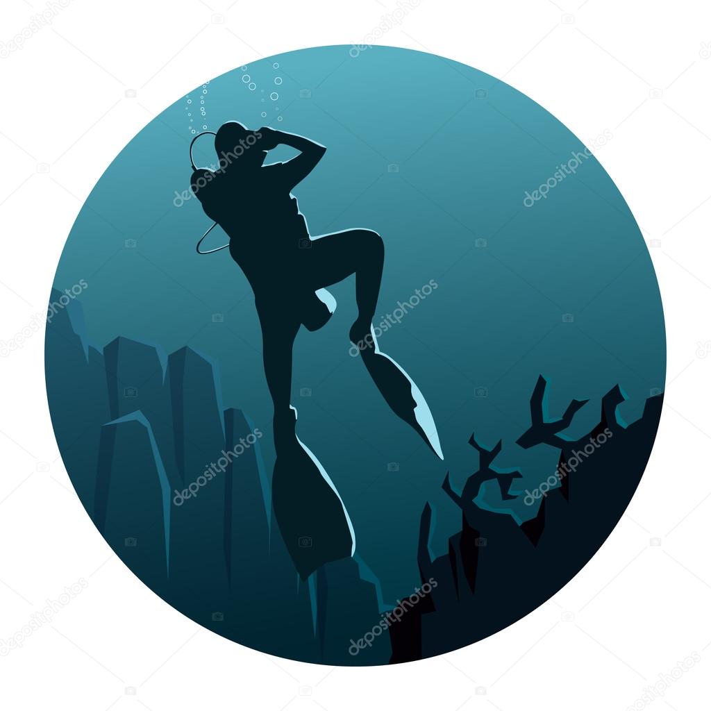 Round illustration of illustration of divers under water.