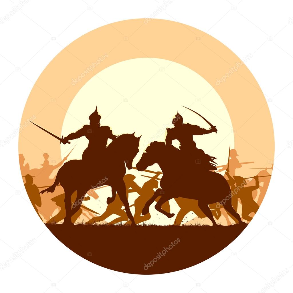 Abstract round logo of illustration fight between two warriors on background of battle at sunset.