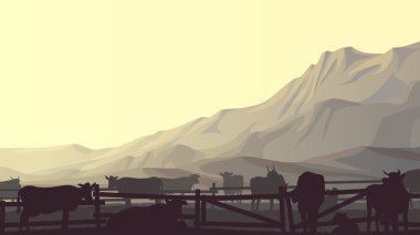 Horizontal illustration of farm pets in background mountains.