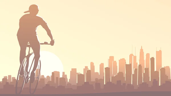 Illustration horizontale des promenades cyclistes dans les grandes villes au coucher du soleil . — Image vectorielle
