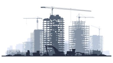 Line illustration of construction site with crane and building. clipart