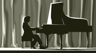 Siluet piyanist spot konser salonunda.