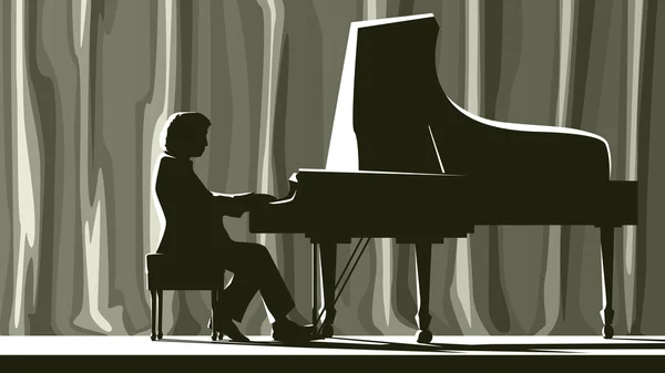 在音乐厅在聚光灯下的剪影钢琴家. — 图库矢量图片