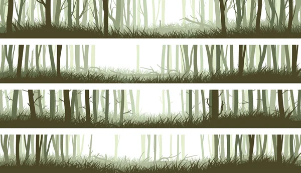 Bosque de pancartas horizontales con troncos y claro en maderas . — Vector de stock