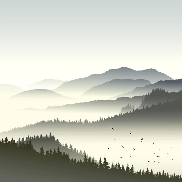 Illustration of coniferous forest on hills in fog.