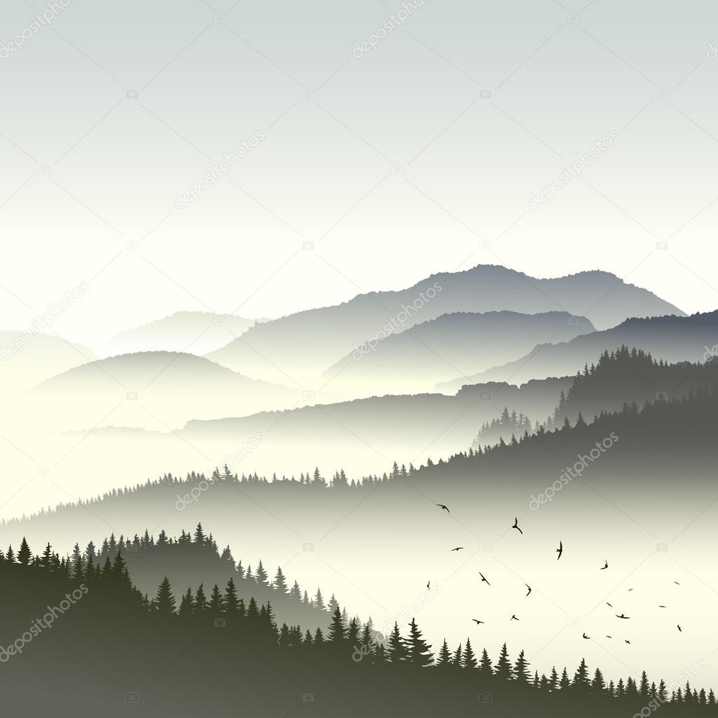 Illustration of coniferous forest on hills in fog.