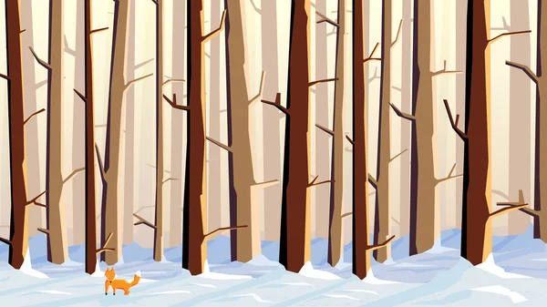 水平说明卡通雪森林与狐狸. — 图库矢量图片