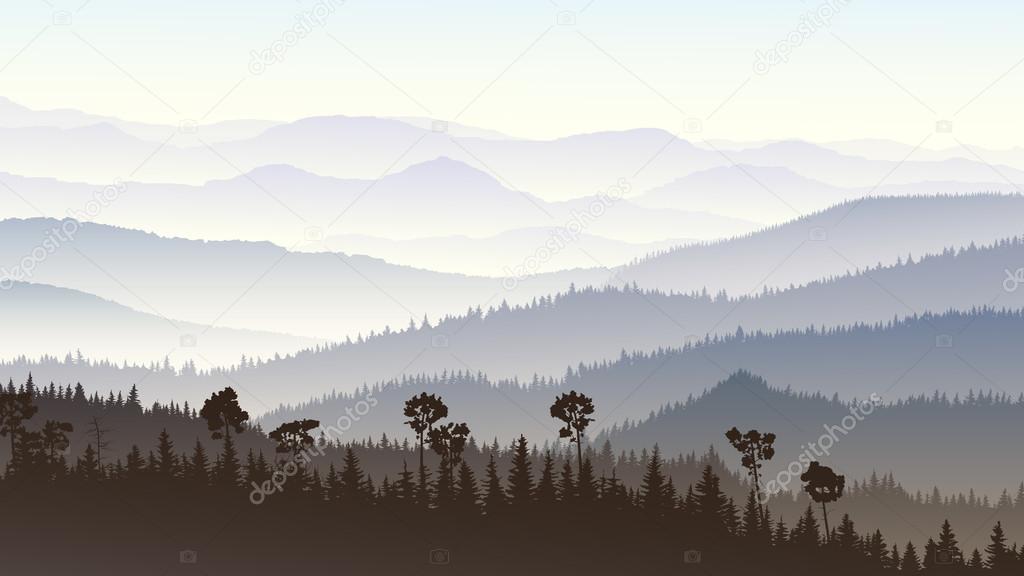 Horizontal illustration of morning misty in forest hills.