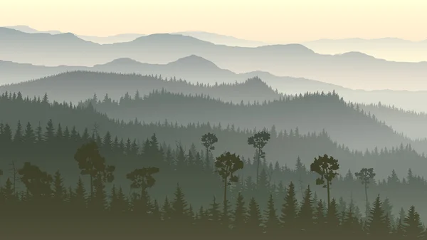 Horizontal illustration of misty forest hills. — Stock Vector