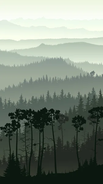 Vertical illustration of misty forest hills. — Stock Vector