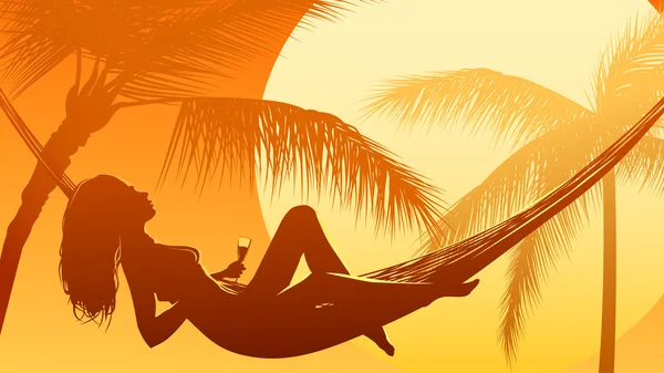 Ilustração do pôr do sol no oceano com palmeira . — Vetor de Stock