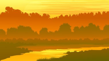 Gün batımında orman bir nehir ile vektör çizim.