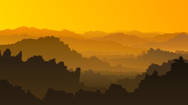 Yatay günbatımı çiziminde dağlar.