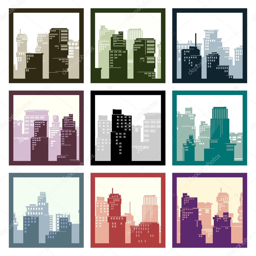 Abstract square framed icons city high-rise buildings.