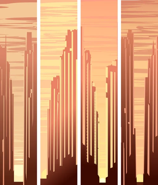 Imposta banner verticali con illustrazione della grande città al tramonto . — Vettoriale Stock