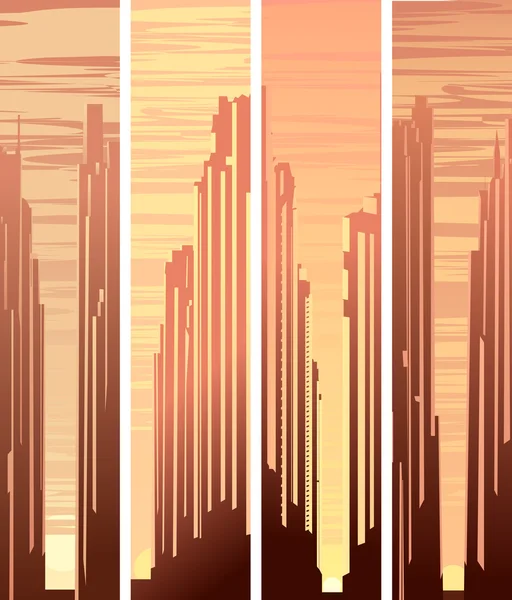 Coloque pancartas verticales con ilustración de la gran ciudad al atardecer . — Vector de stock