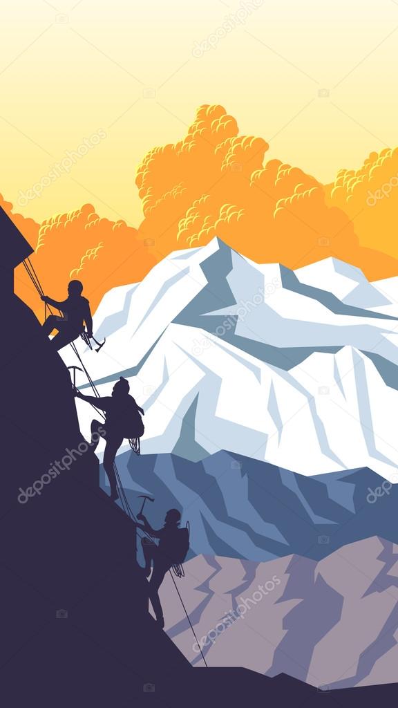 Vertical cartoon illustration of alpinists.