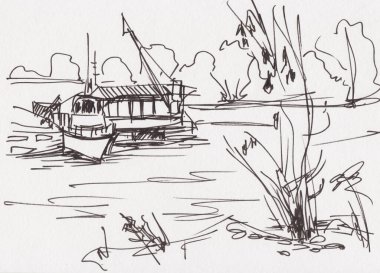 Anında çizim, bankaya yakın gemiler, siyah beyaz resim