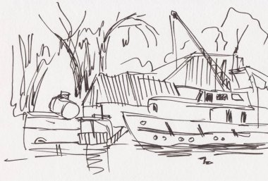 Anında eskiz, bankaya yakın bir gemi, siyah ve beyaz.