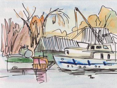 Suluboya sonbahar resmi, kıyıya yakın bir gemi.