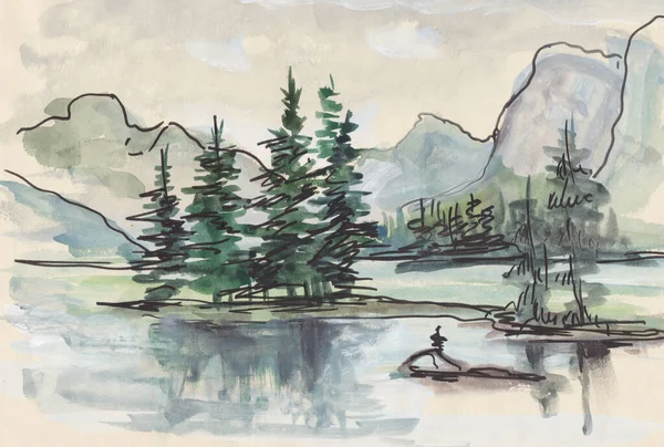 Aquarelle Beau Lac Dans Les Montagnes Rocheuses — Photo