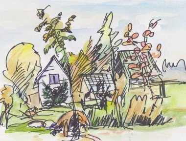 Sonbaharda köyle suluboya resim.