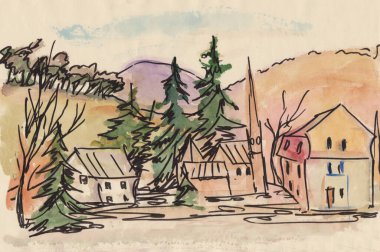 Suluboya dağ manzaralı köy ve kilise