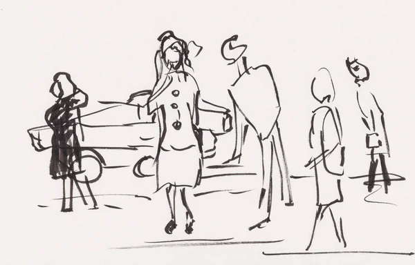 Sofortige Skizze Menschen Die Auf Der Straße Gehen — Stockfoto